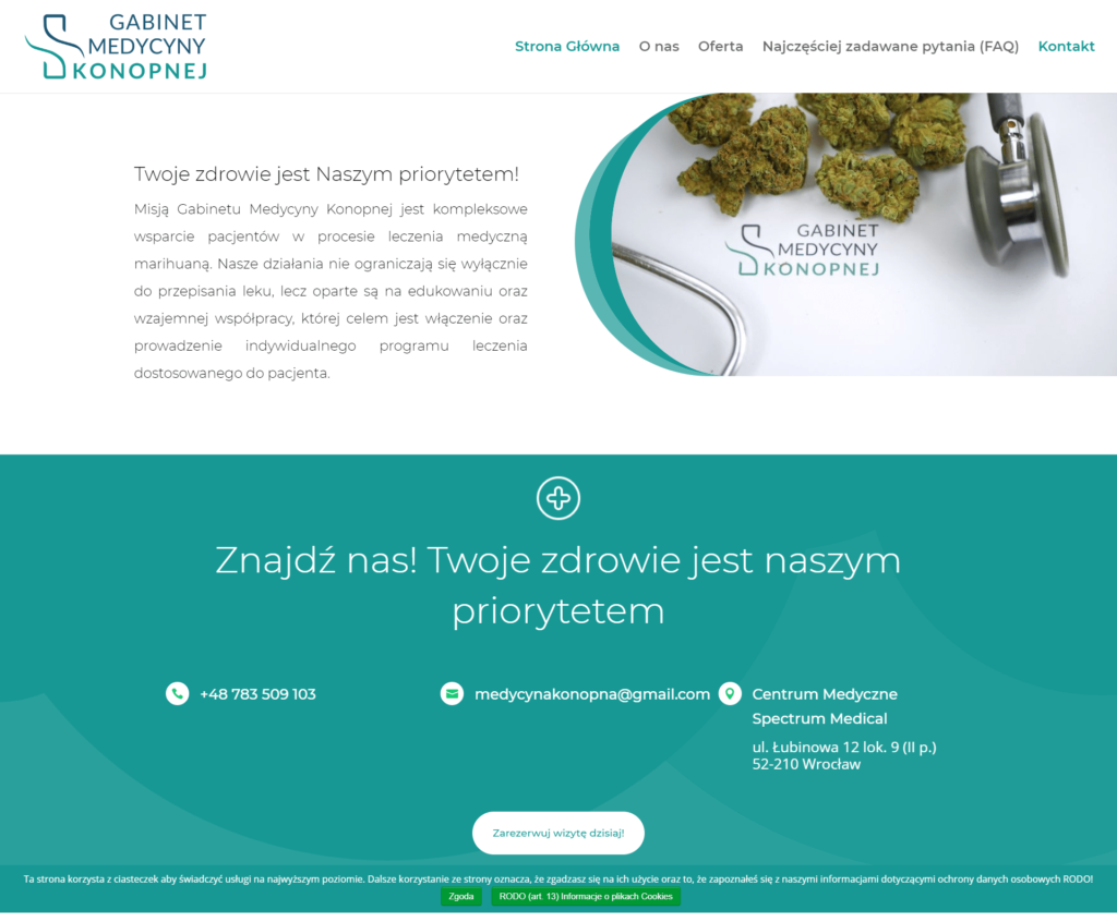 Zrzut ekranu strony internetowej gabinetmedycynykonopnej.pl