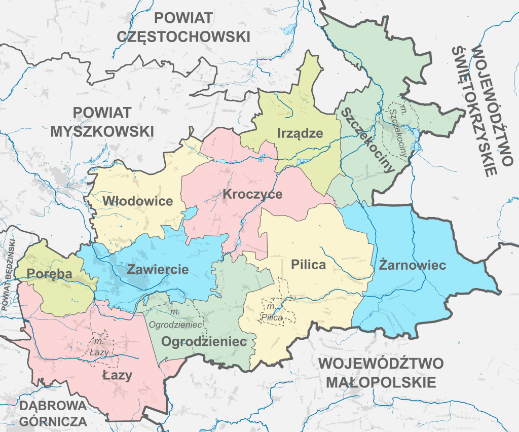 Mapa powiatu Zawierciańskiego czyli obszaru na którym AdCorso.pl realizuje strony internetowe.