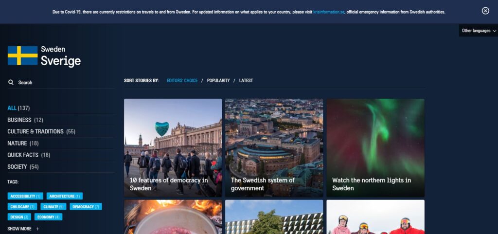 Rzut ekranu rządowej strony internetowej Szwecji